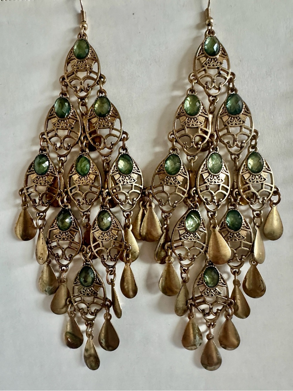 Antique-Style Filigree Chandelier Earrings with Green Stones
